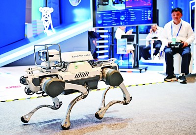  網(wǎng)絡(luò)安全博覽會上的企業(yè)展示電網(wǎng)巡線機器狗。新華社記者 鄧華攝